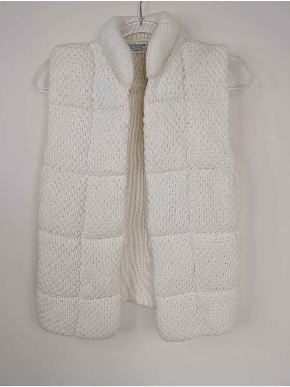 Vintage Knit Quilted Vest Womens Medium Cream Puffer Sleeveless Cozy Open Front